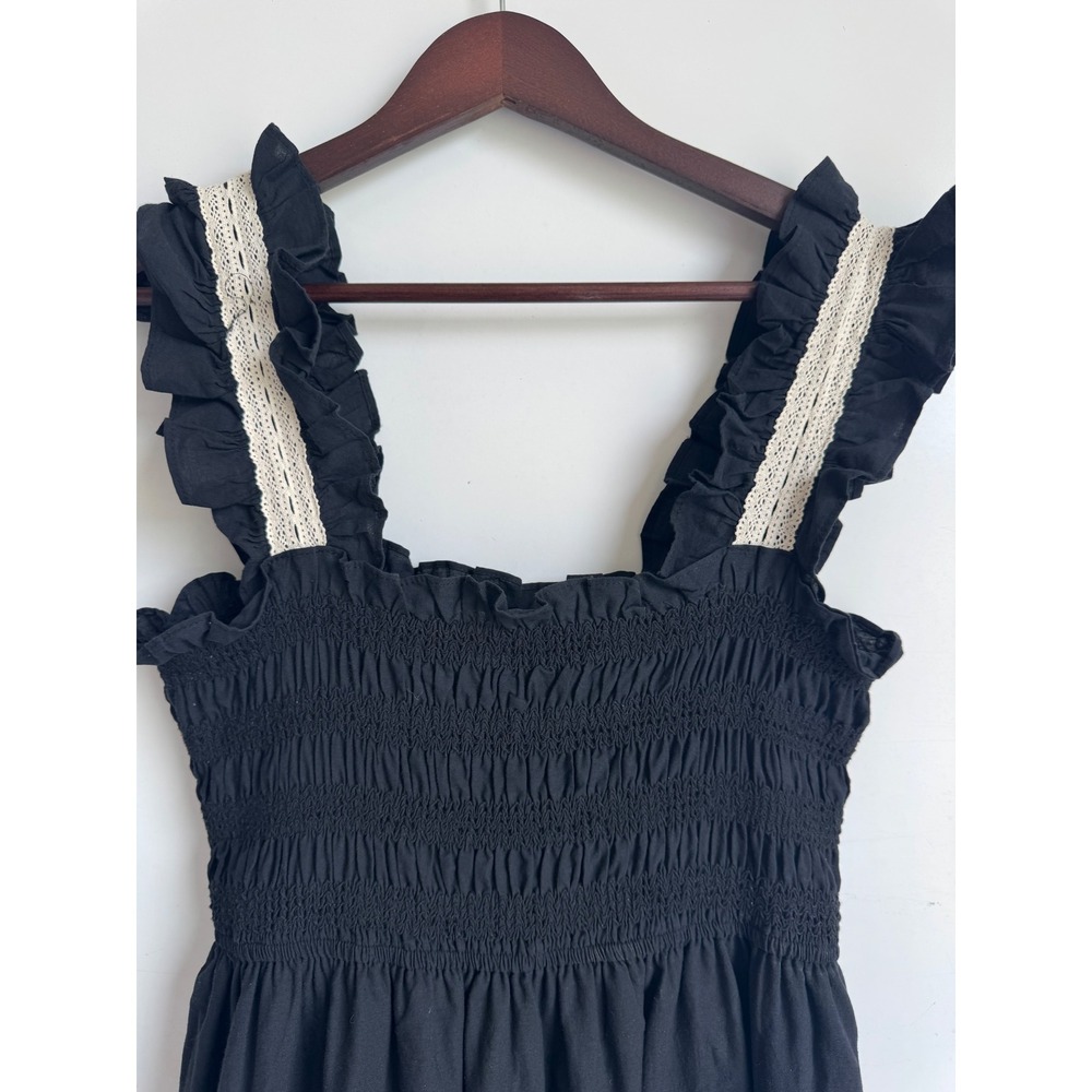 Anthropologie PINCH Black Smocked Tiered Maxi Dress Crochet Lace Ruffle Large - Picture 4 of 10